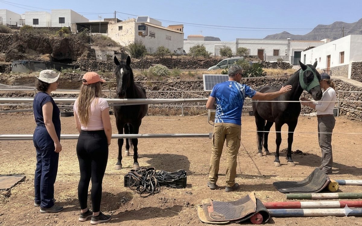 Equipo de Riendas de Esperanza trabajando con caballos en el picadero de NA Stablos, Arona